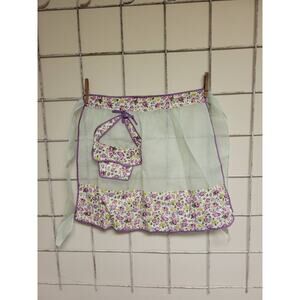 Vintage Half Apron, Green Sheer, Cotton Purple Floral